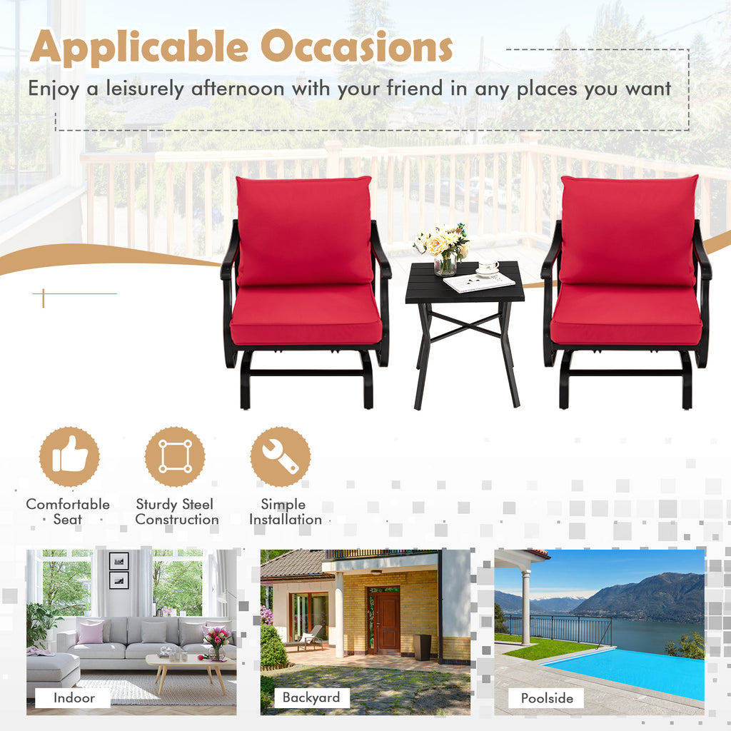 3-Piece Patio Glider Chair Set with Coffee Table - Red