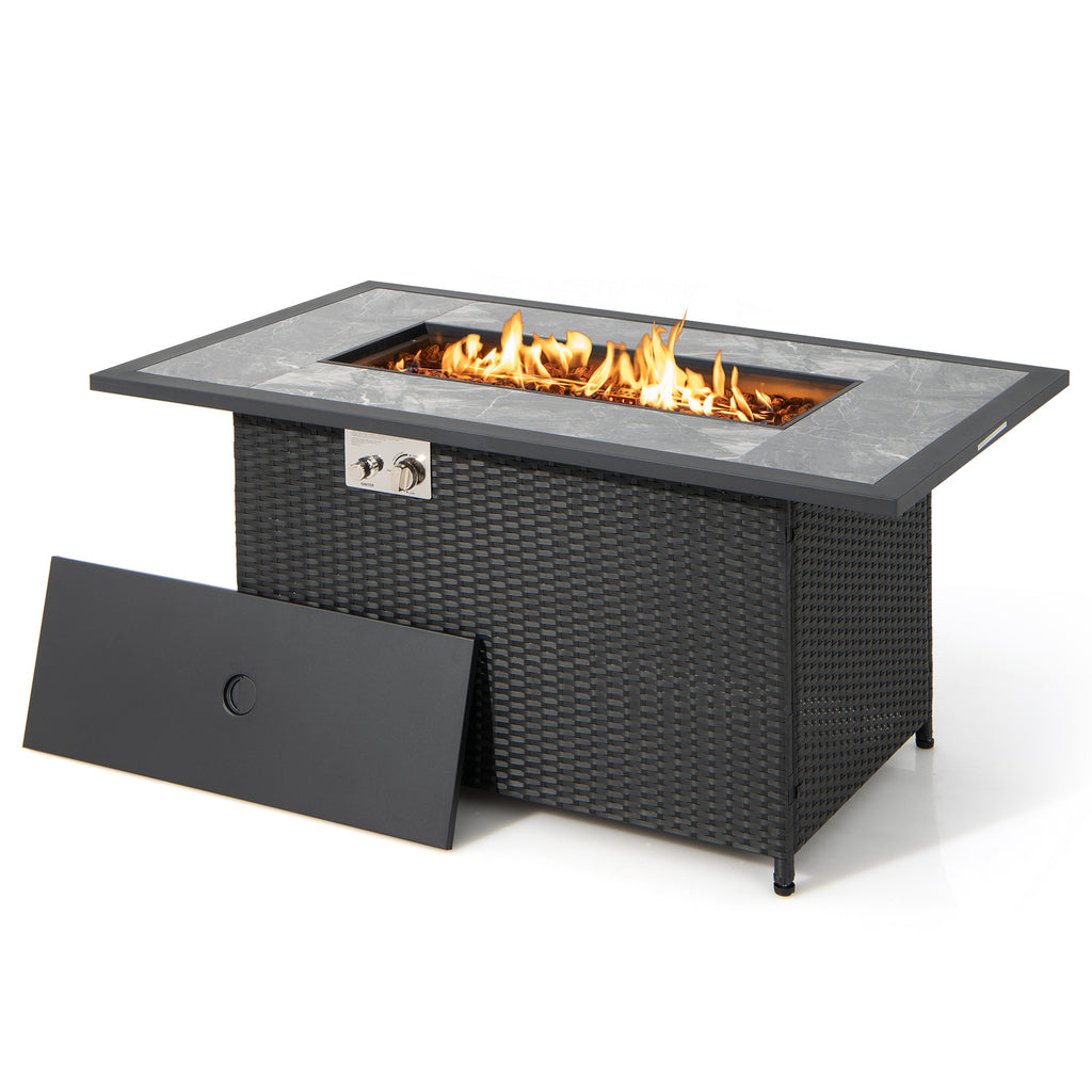 52 Inch Rattan Wicker Propane Fire Pit Table with Rain Cover and Lava