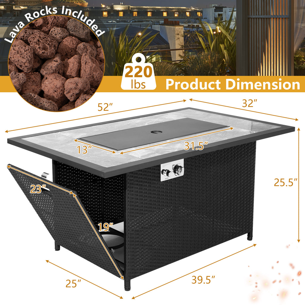 52 Inch Rattan Wicker Propane Fire Pit Table with Rain Cover and Lava