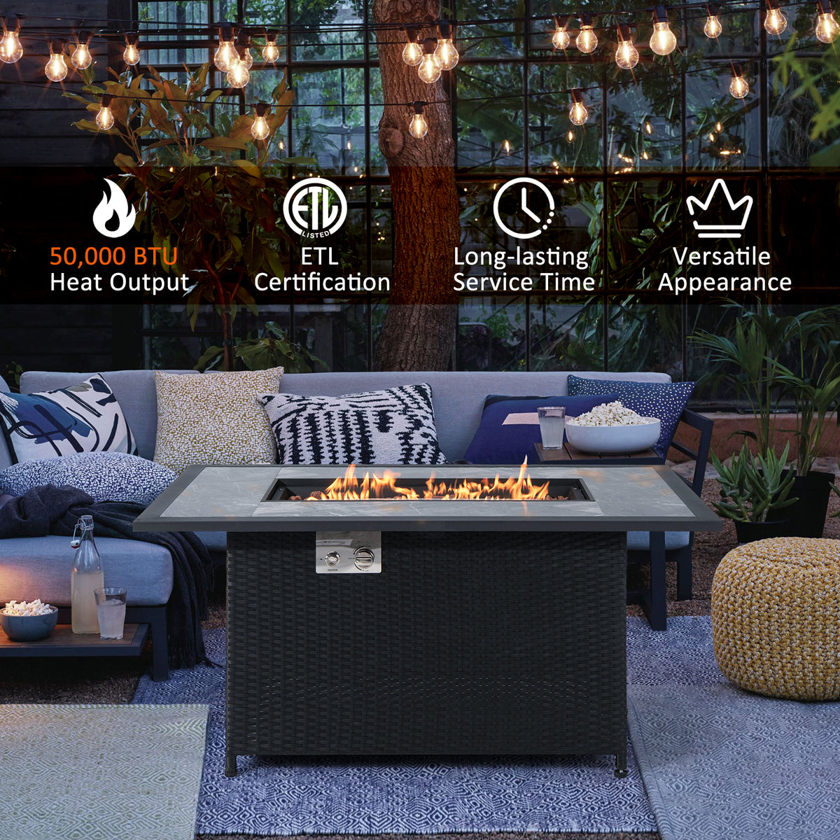 52 Inch Rattan Wicker Propane Fire Pit Table with Rain Cover and Lava