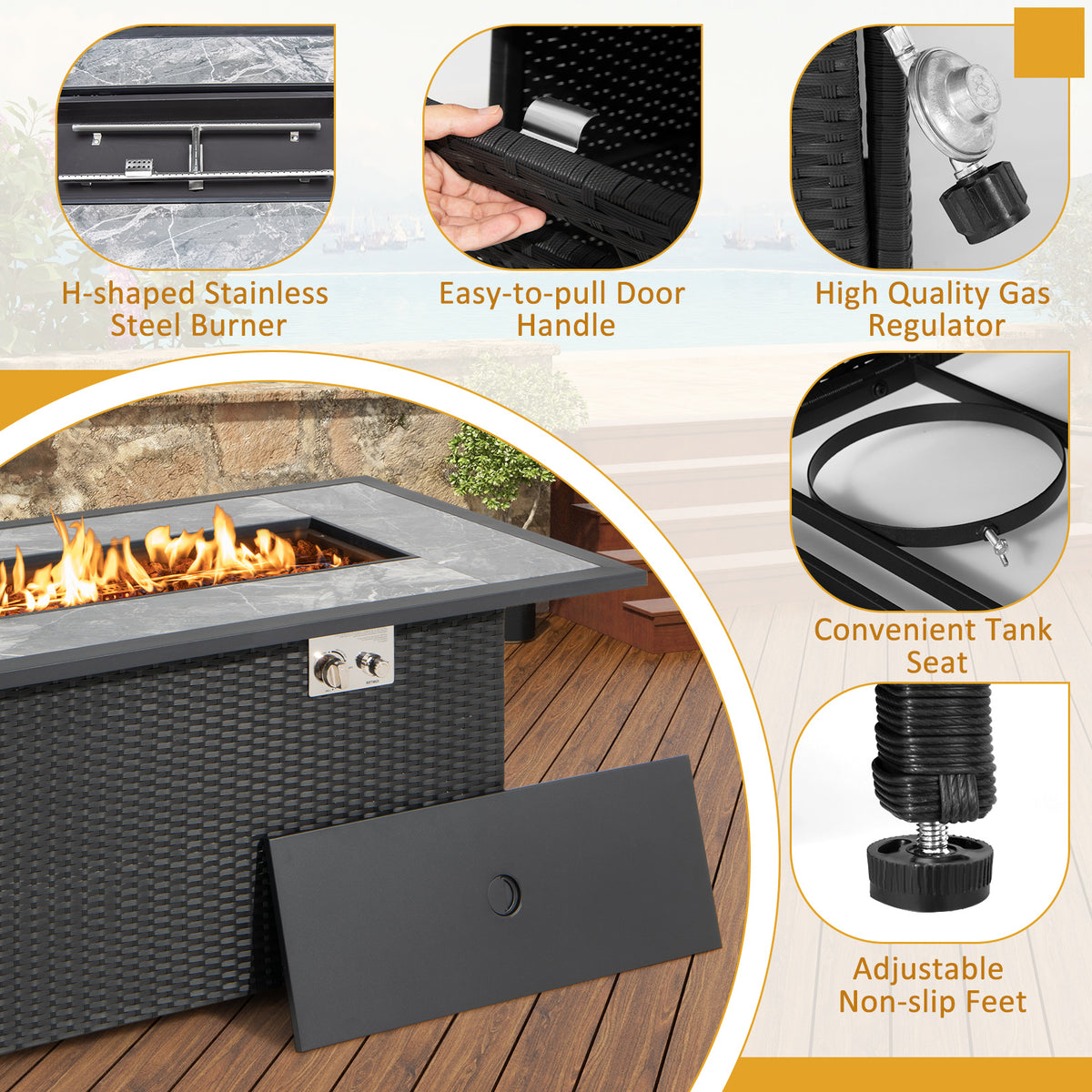 52 Inch Rattan Wicker Propane Fire Pit Table with Rain Cover and Lava
