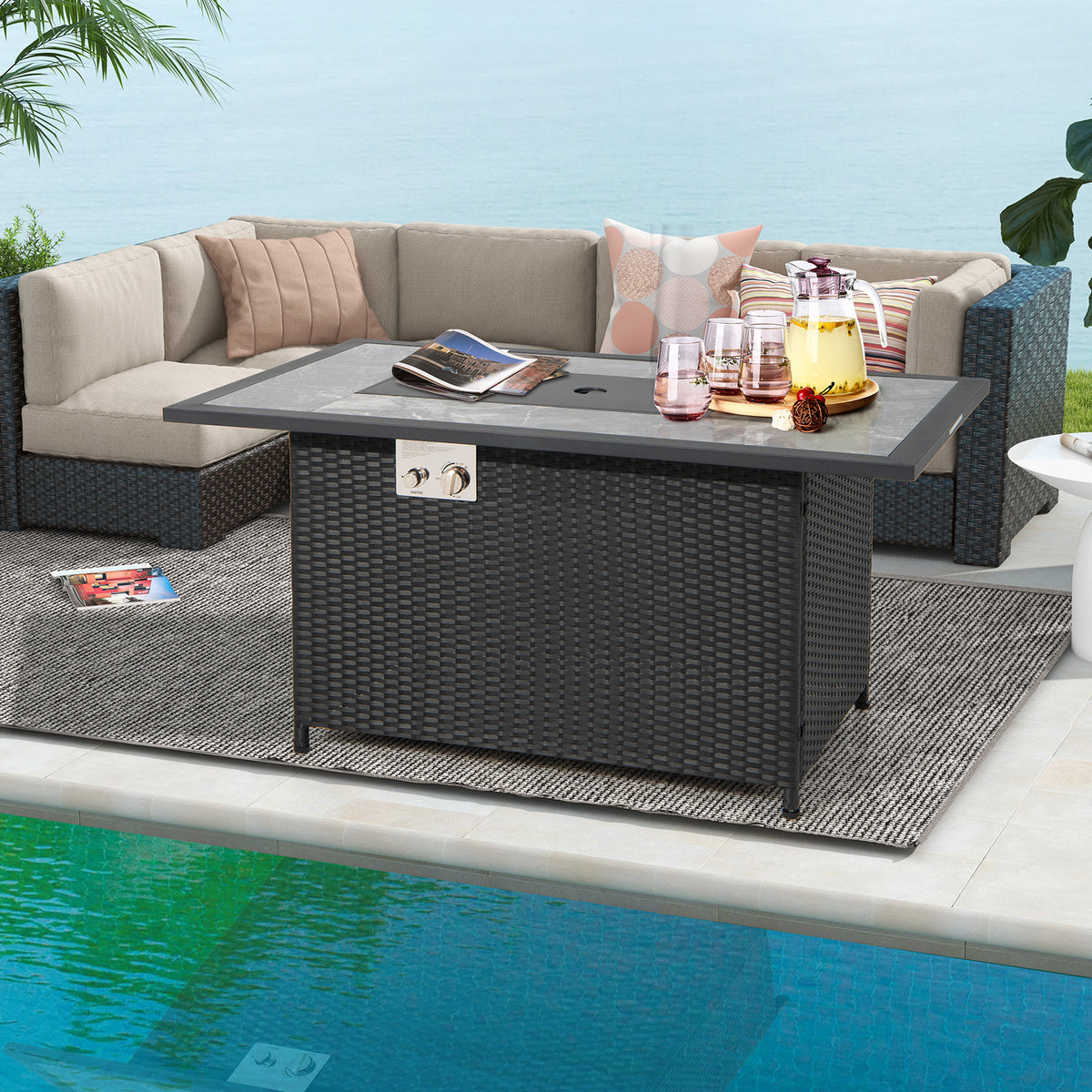 52 Inch Rattan Wicker Propane Fire Pit Table with Rain Cover and Lava