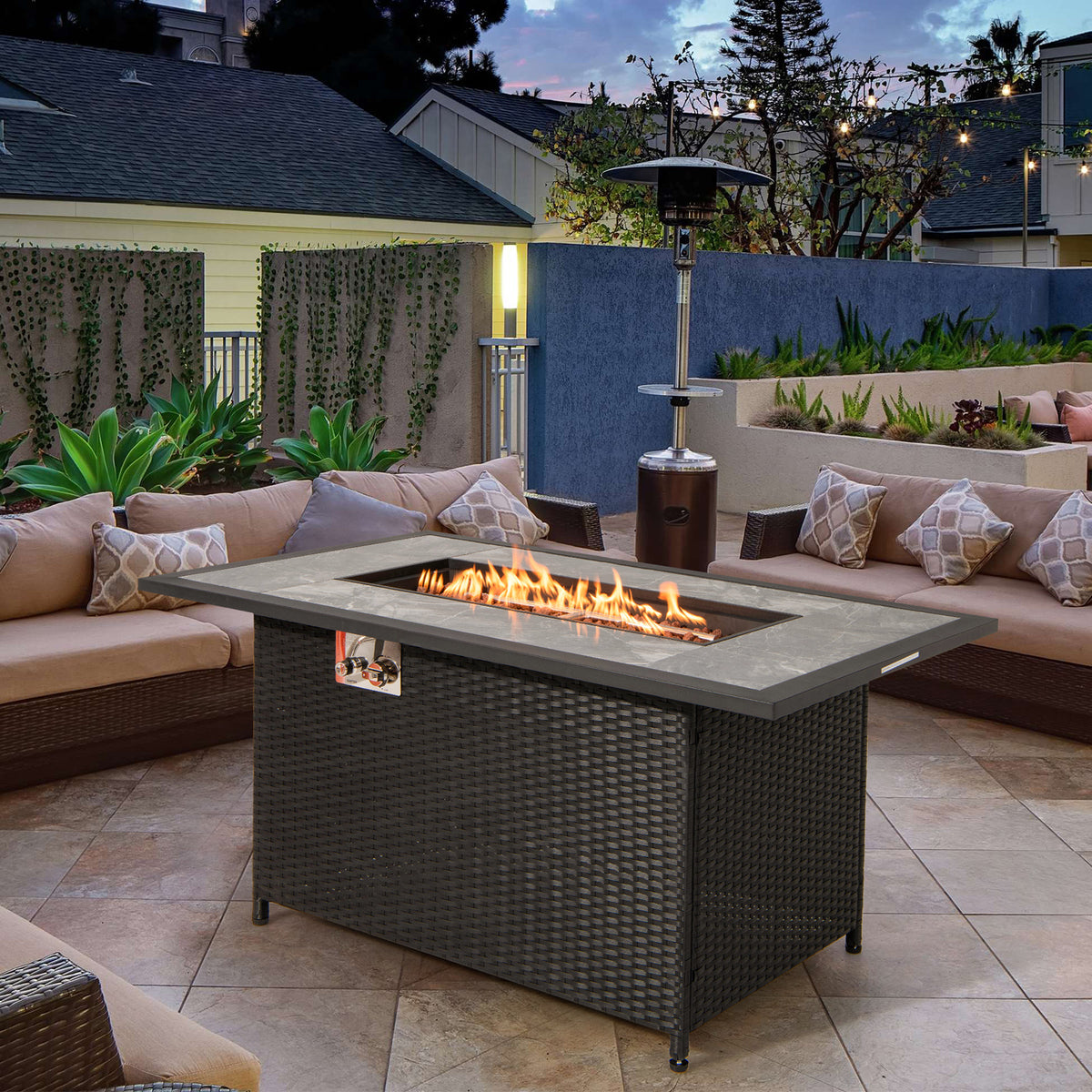 52 Inch Rattan Wicker Propane Fire Pit Table with Rain Cover and Lava