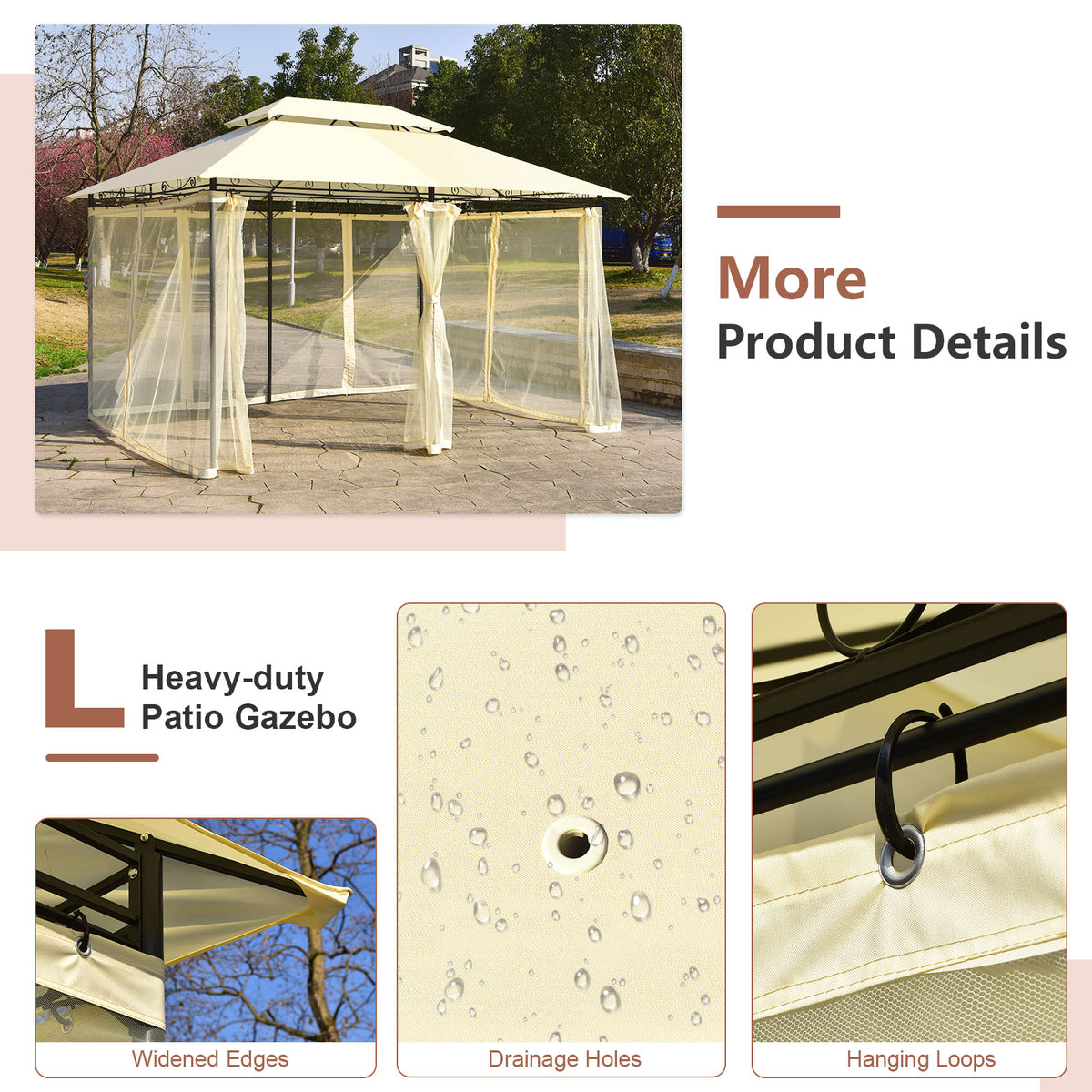10 x 13 Feet Gazebo Canopy with Removable Mesh Sidewalls - Beige