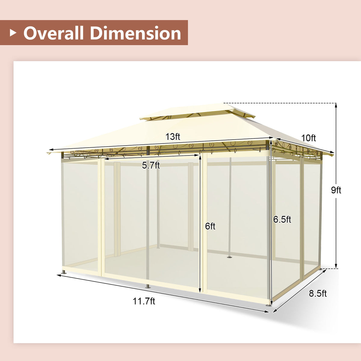 10 x 13 Feet Gazebo Canopy with Removable Mesh Sidewalls - Beige