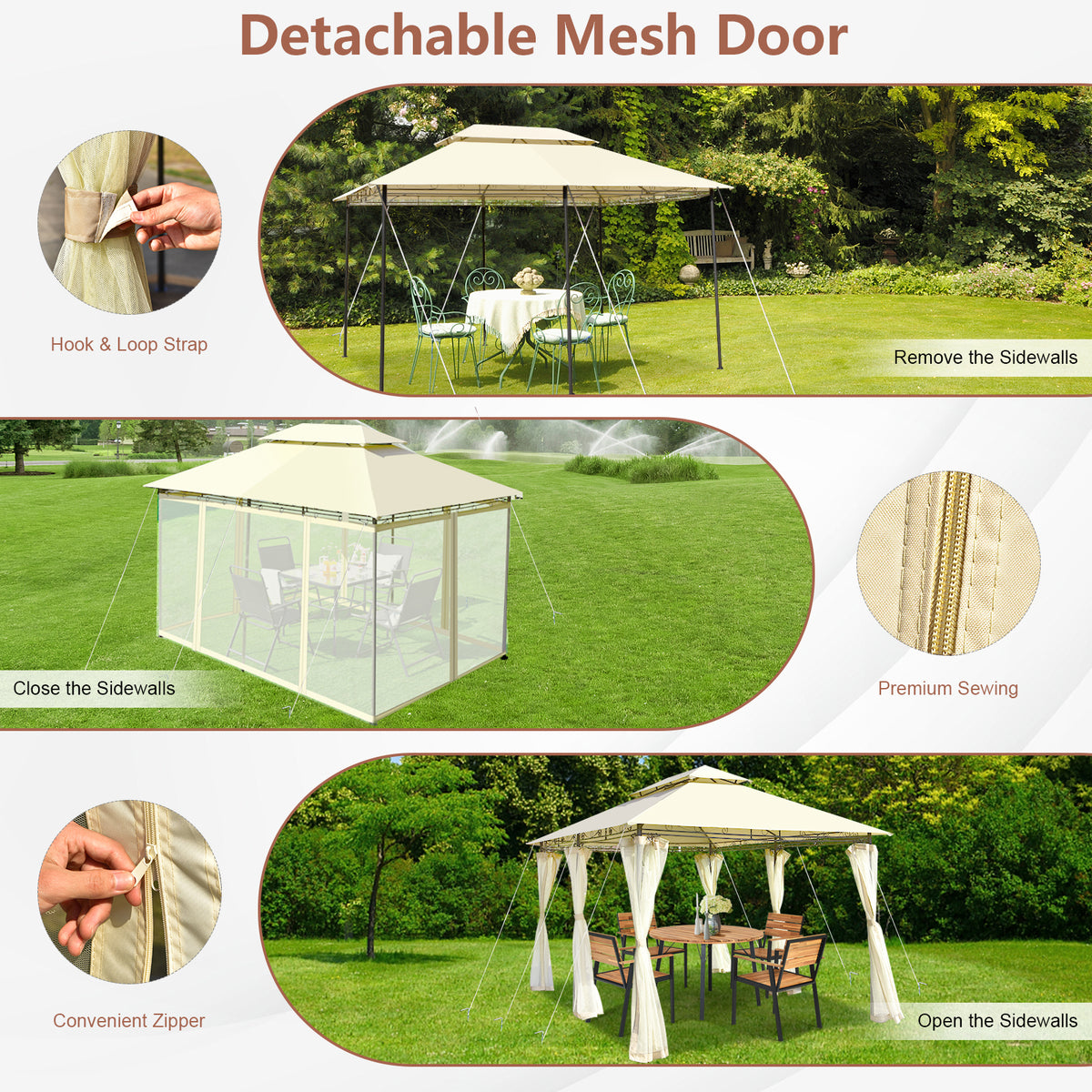 10 x 13 Feet Gazebo Canopy with Removable Mesh Sidewalls - Beige