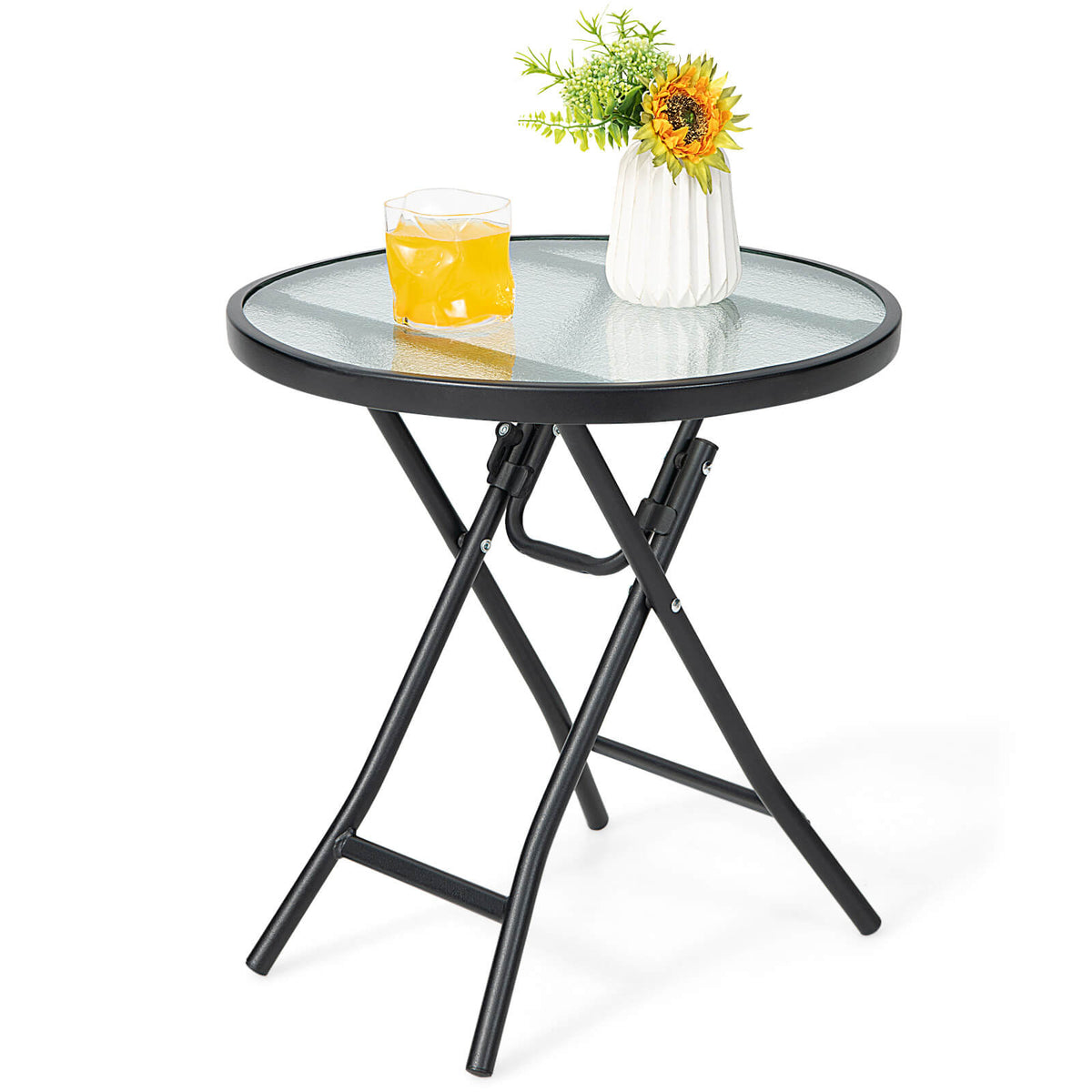 18 Inch Round Patio Side Table with Tempered Glass Top