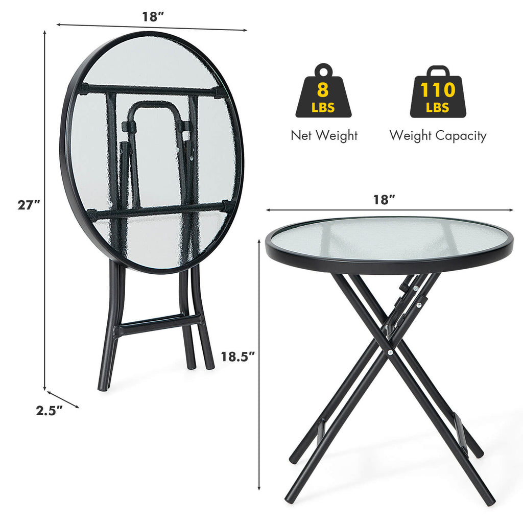 18 Inch Round Patio Side Table with Tempered Glass Top