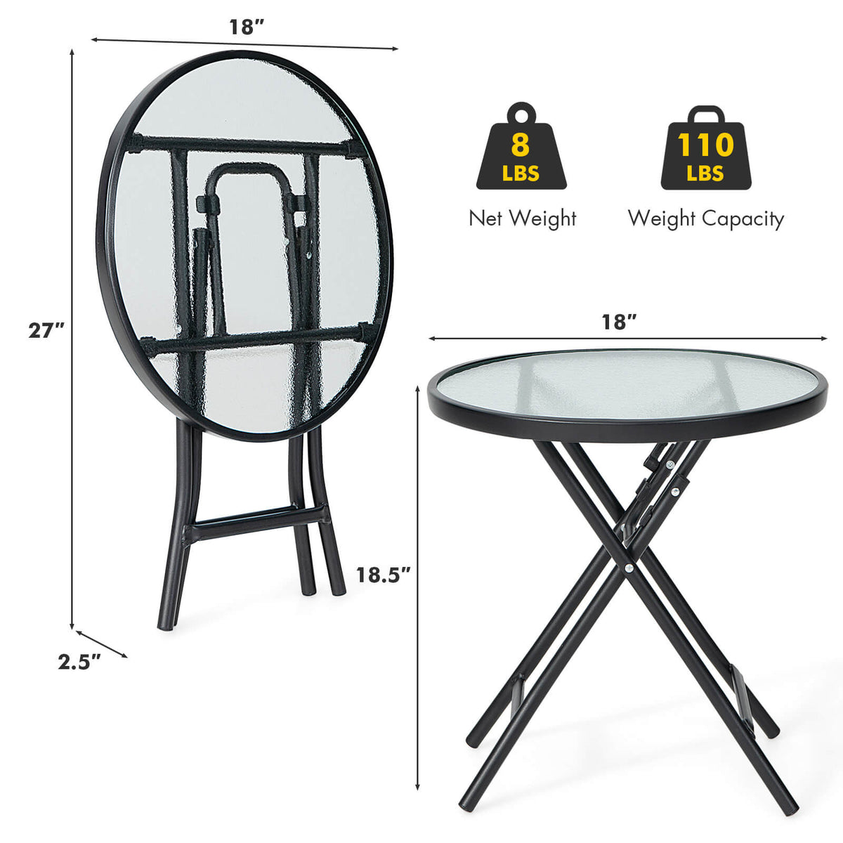 18 Inch Round Patio Side Table with Tempered Glass Top