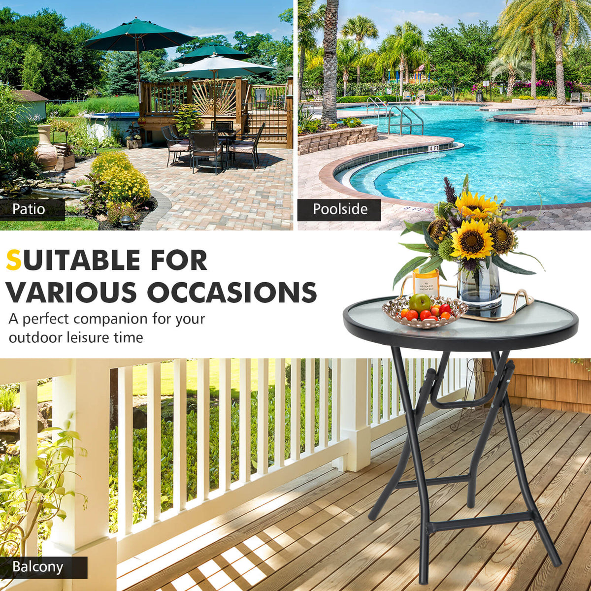 18 Inch Round Patio Side Table with Tempered Glass Top
