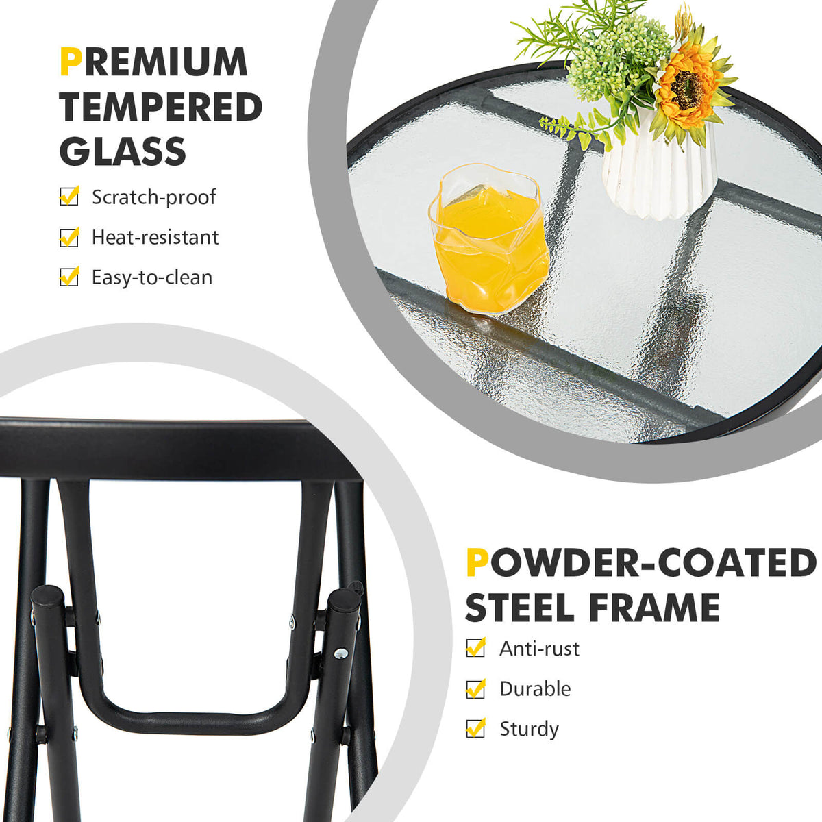 18 Inch Round Patio Side Table with Tempered Glass Top