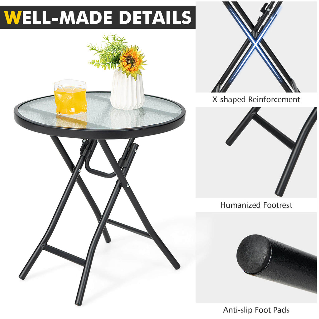 18 Inch Round Patio Side Table with Tempered Glass Top