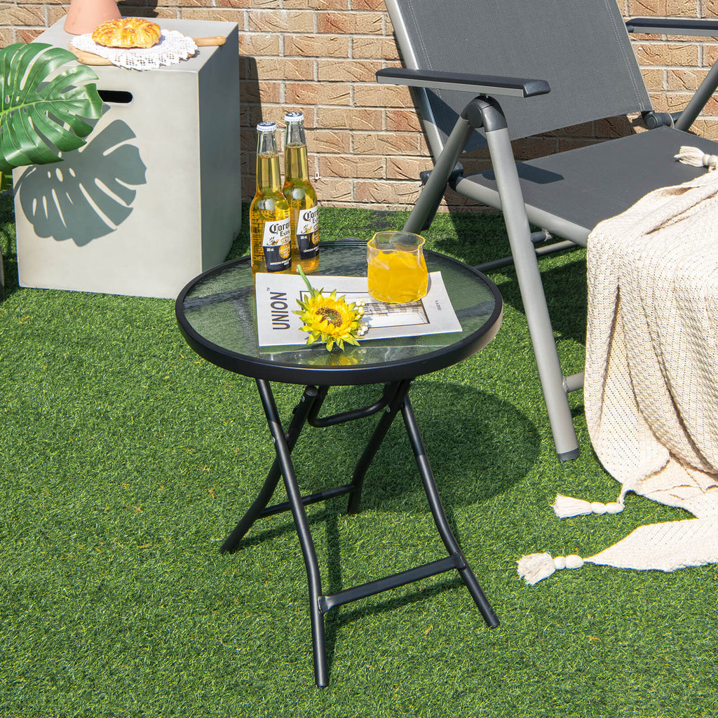 18 Inch Round Patio Side Table with Tempered Glass Top