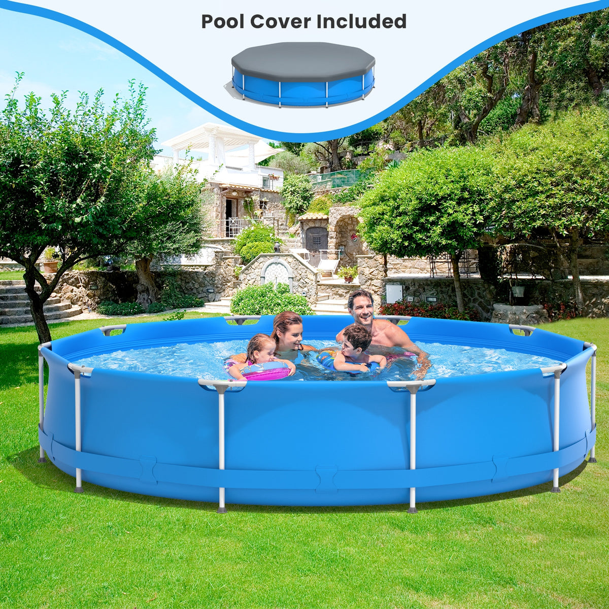 Round Above Ground Swimming Pool with Cover - Blue
