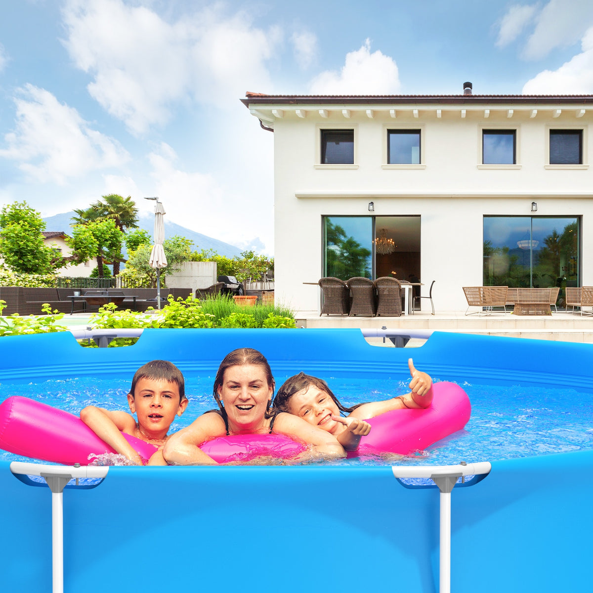 Round Above Ground Swimming Pool with Cover - Blue