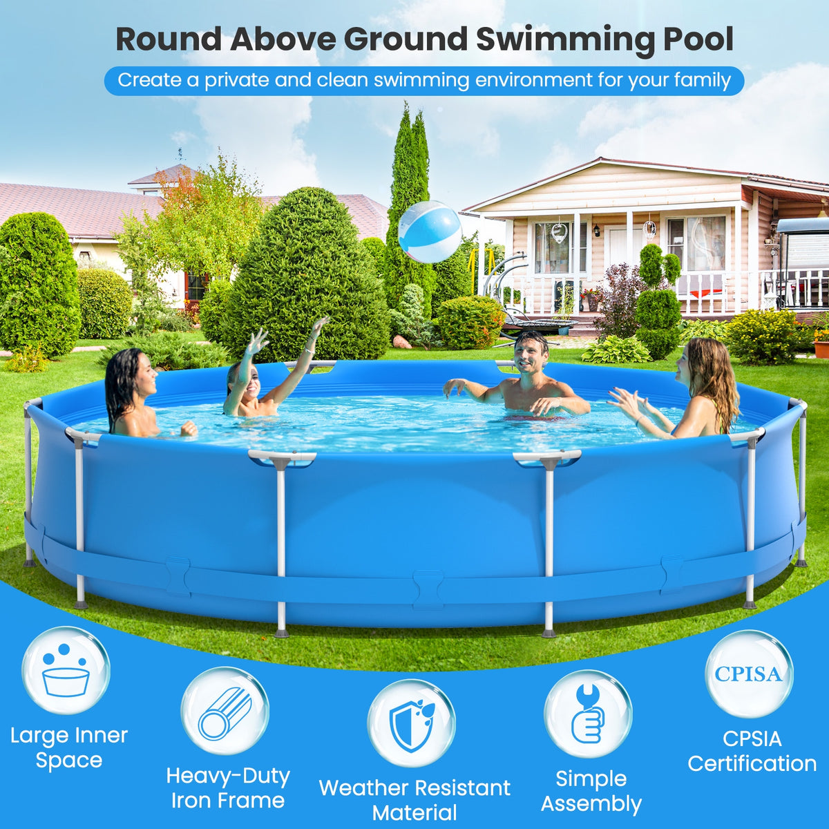 Round Above Ground Swimming Pool with Cover - Blue