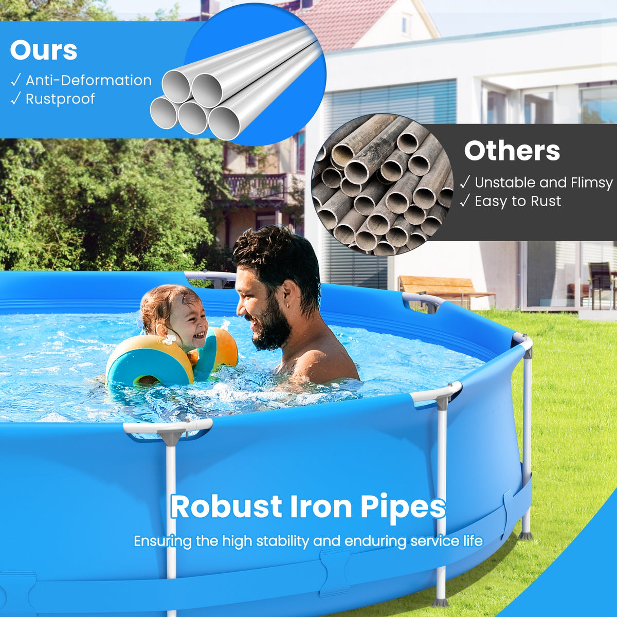 Round Above Ground Swimming Pool with Cover - Blue