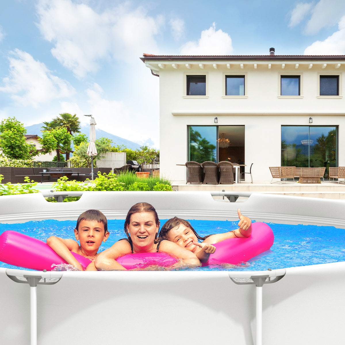 Round Above Ground Swimming Pool with Cover - Blue