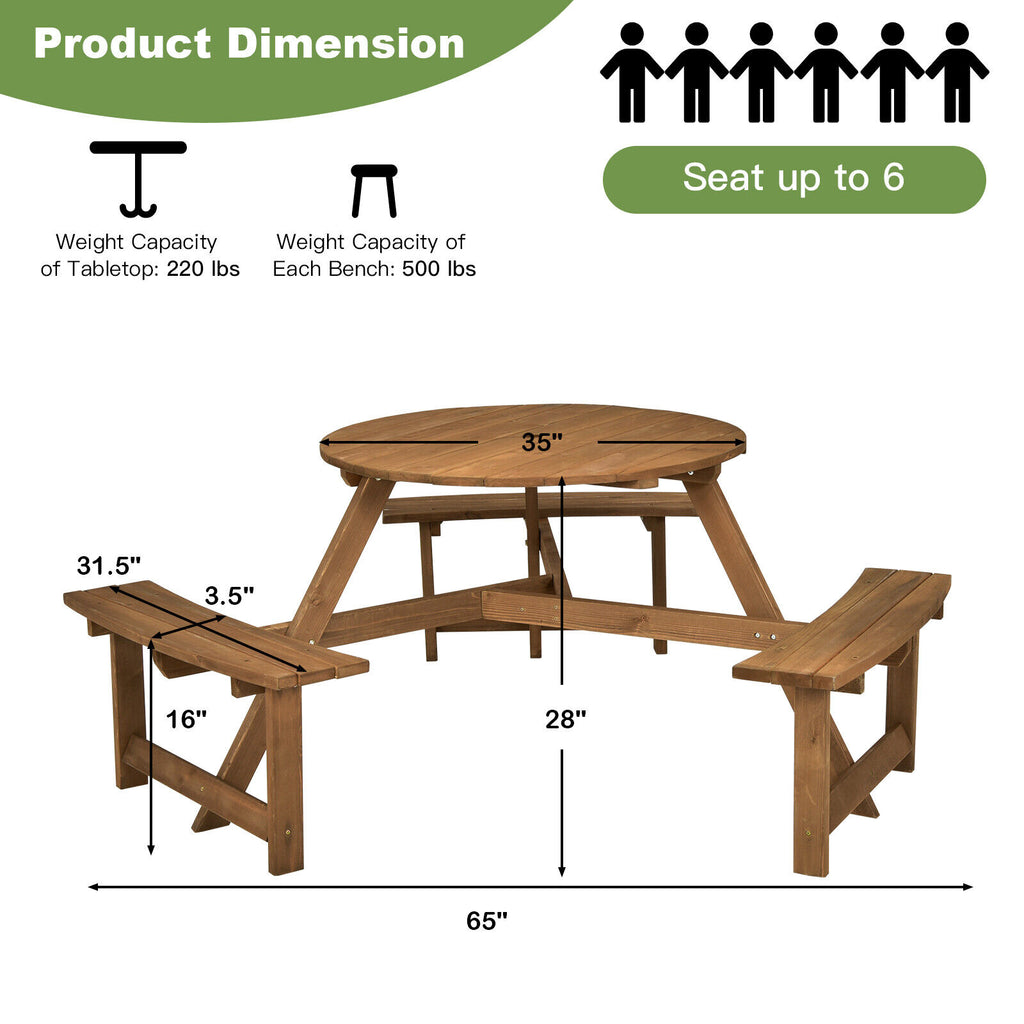 6-person Round Wooden Picnic Table with Umbrella Hole and 3 Built-in