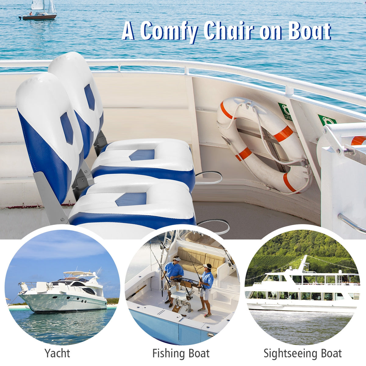 Blue 2-Pack Folding Boat Seats with Stainless Steel Screws - Low Back Marine Chairs