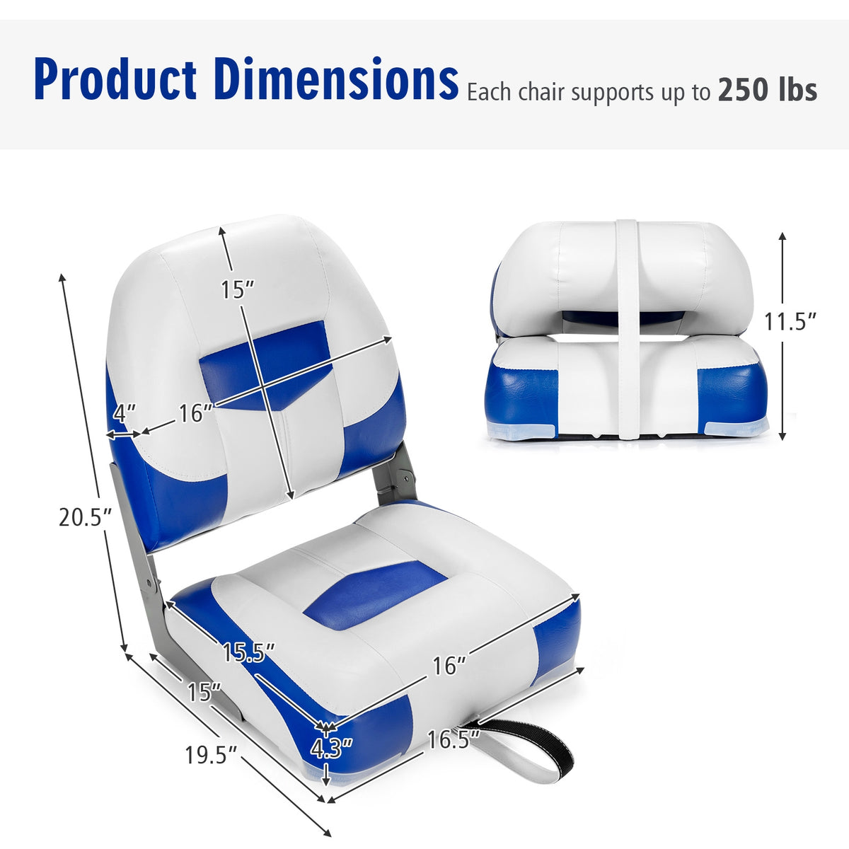 Blue 2-Pack Folding Boat Seats with Stainless Steel Screws - Low Back Marine Chairs