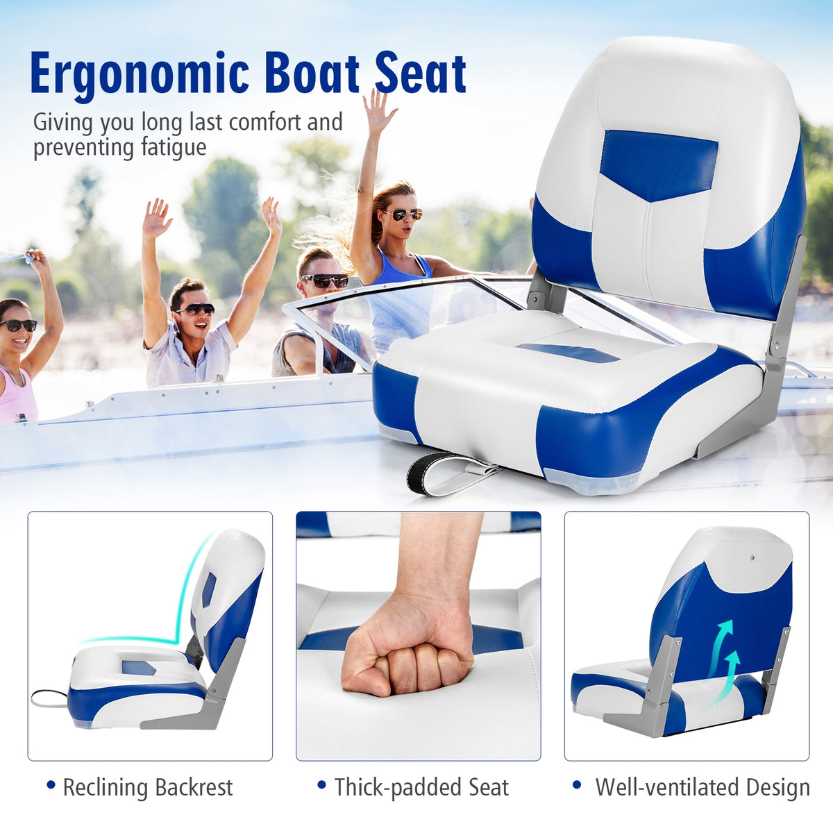 Blue 2-Pack Folding Boat Seats with Stainless Steel Screws - Low Back Marine Chairs