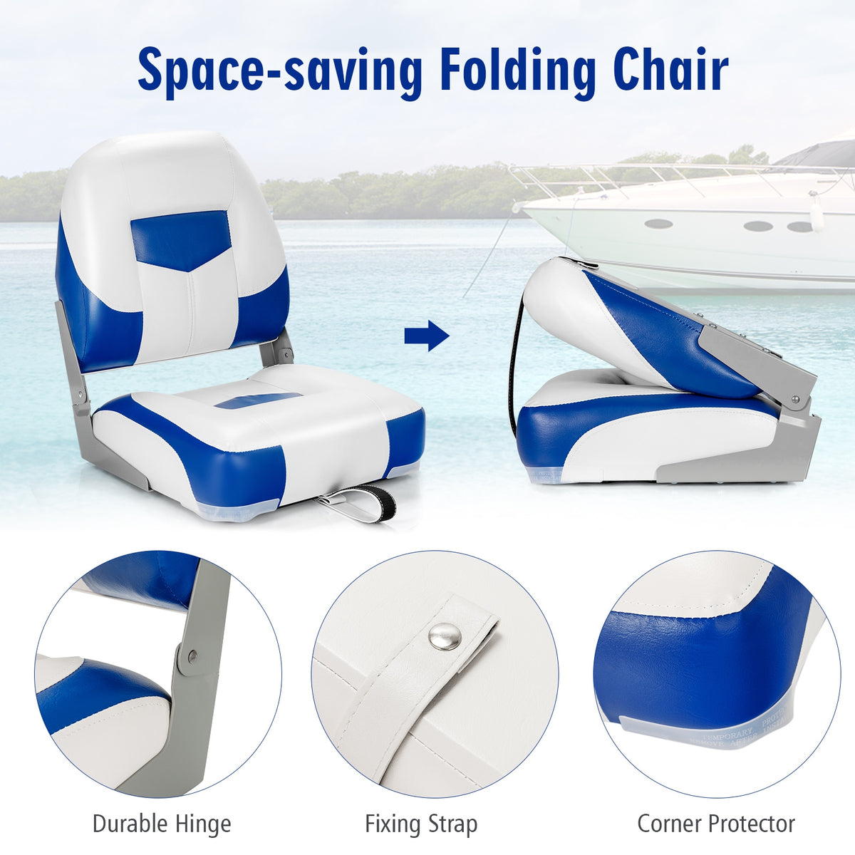 Blue 2-Pack Folding Boat Seats with Stainless Steel Screws - Low Back Marine Chairs
