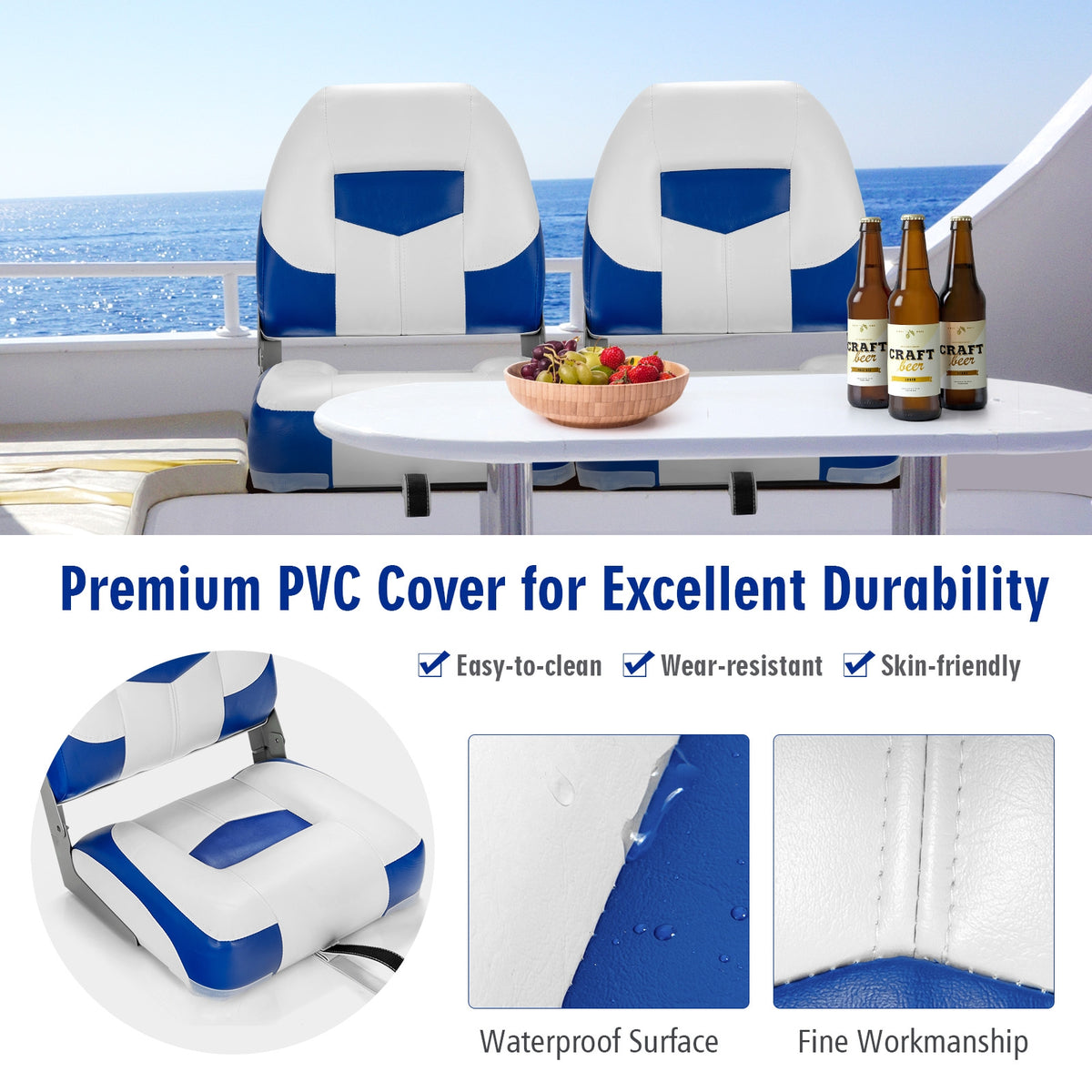 Blue 2-Pack Folding Boat Seats with Stainless Steel Screws - Low Back Marine Chairs