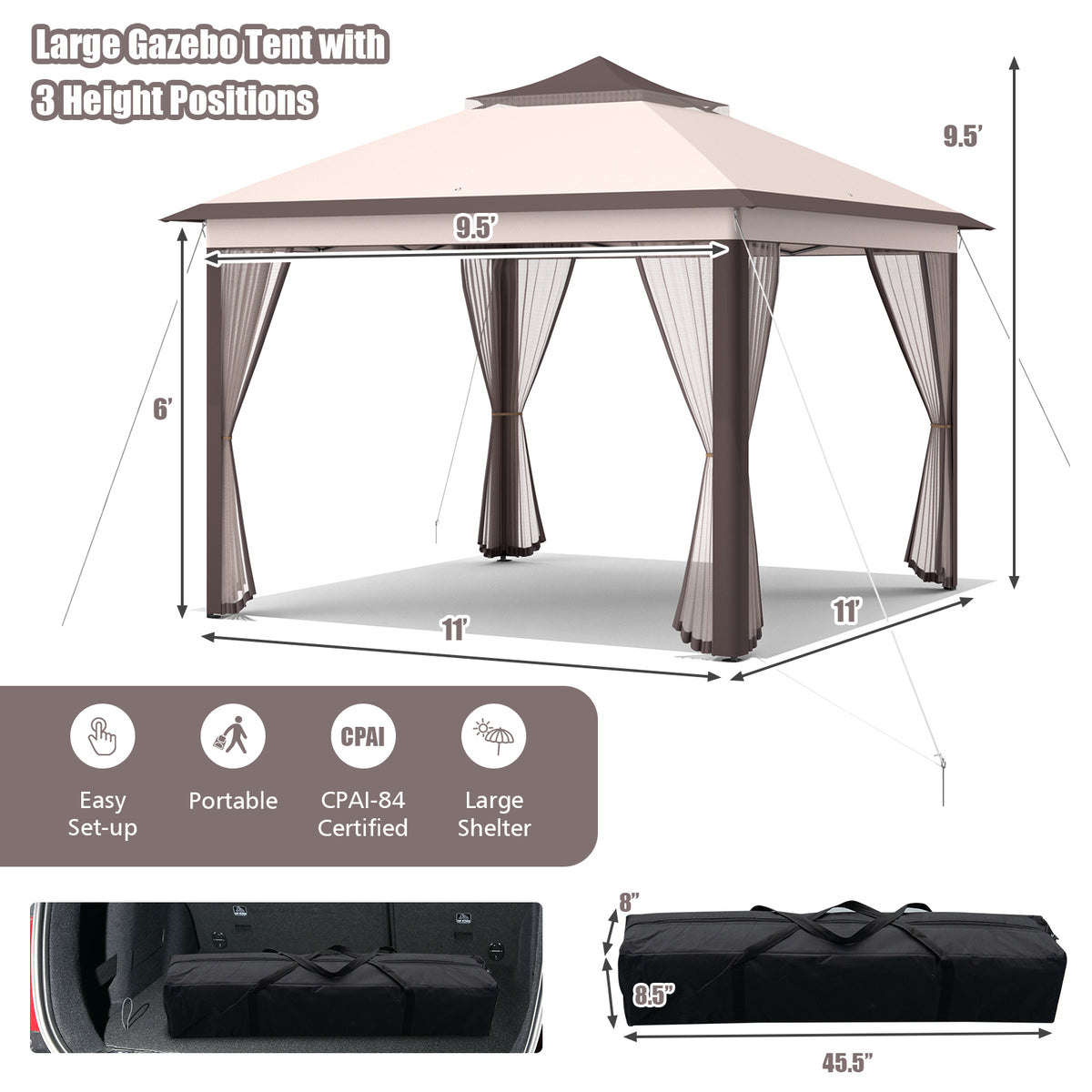 11 x Feet 2-Tier Pop-Up Gazebo Tent Portable Canopy Shelter Carry Bag