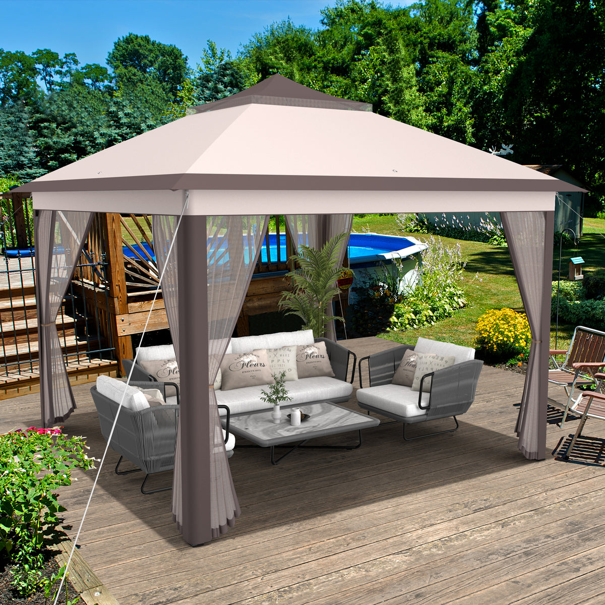 11 x 11 Feet 2-Tier Pop-Up Gazebo Tent with Mesh - Gray