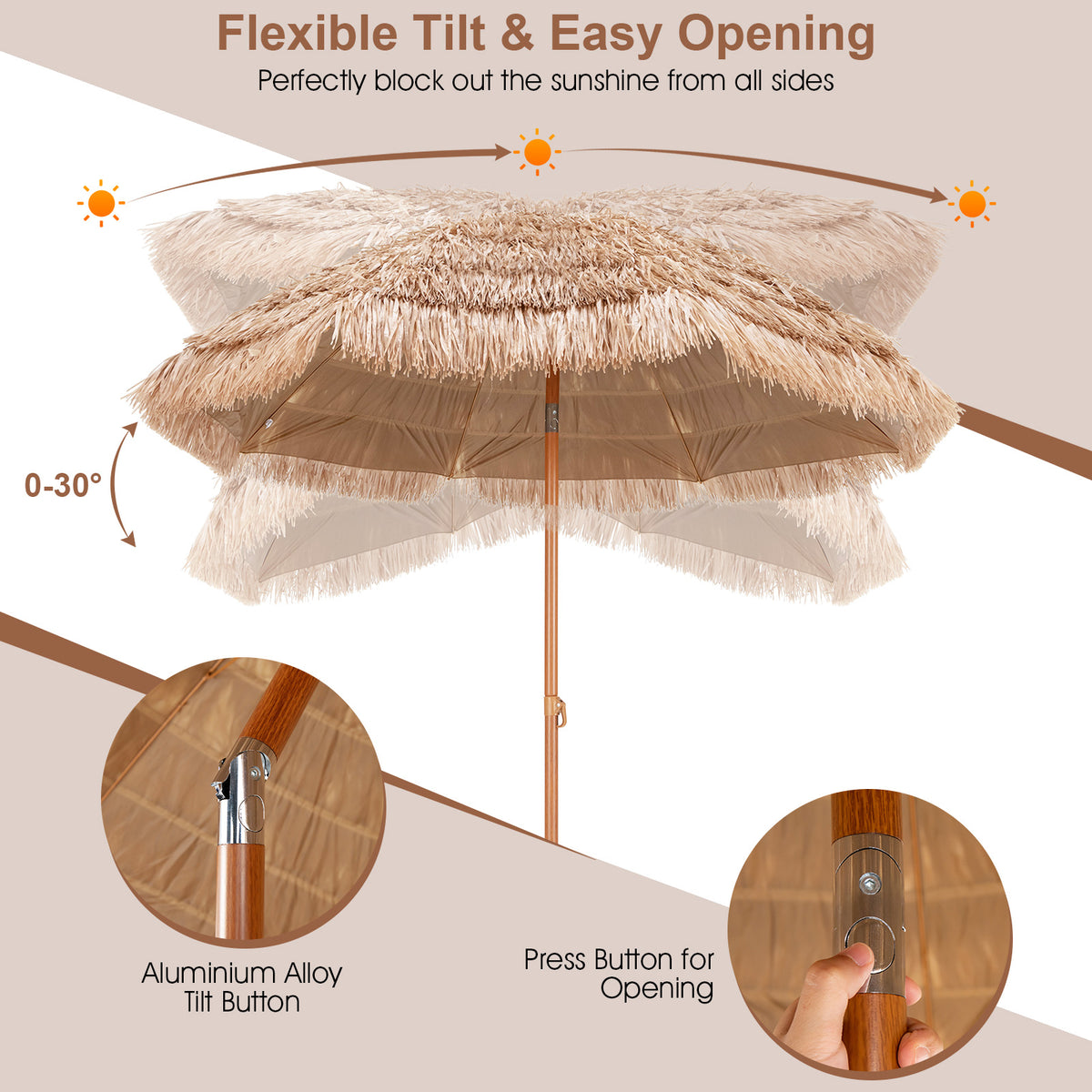 7.2 Feet Patio Thatched Tiki Umbrella Hawaiian Hula Beach