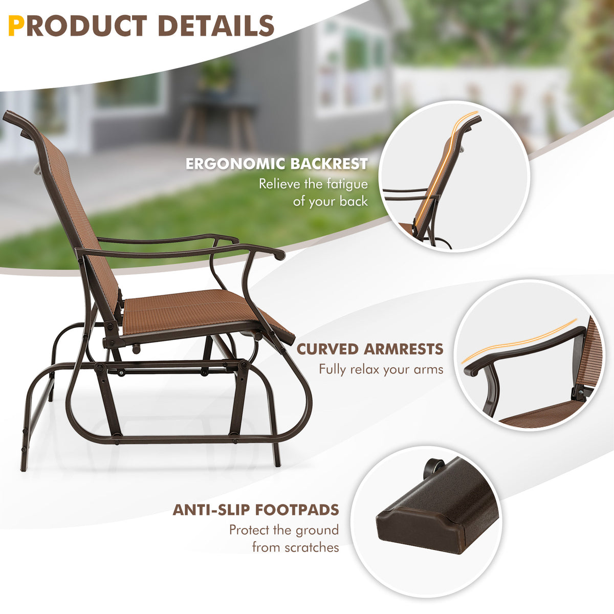 2-Person Patio Glider Bench, Brown - 47 Inch