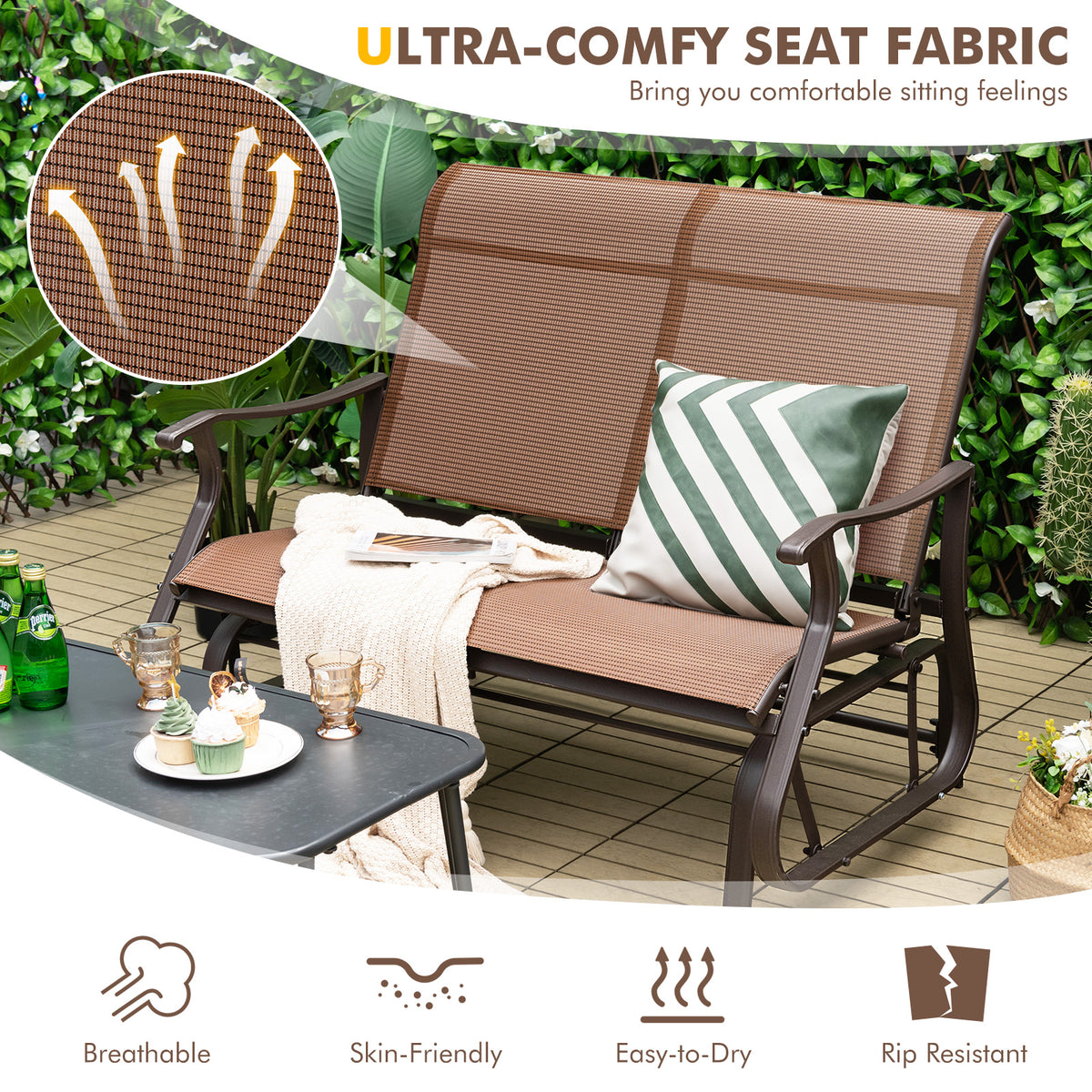 2-Person Patio Glider Bench, Brown - 47 Inch