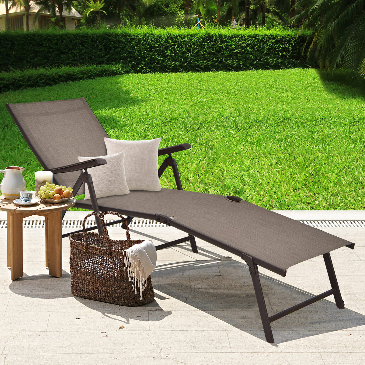 Foldable Chaise Lounge Chair with Backrest & Footrest - Brown