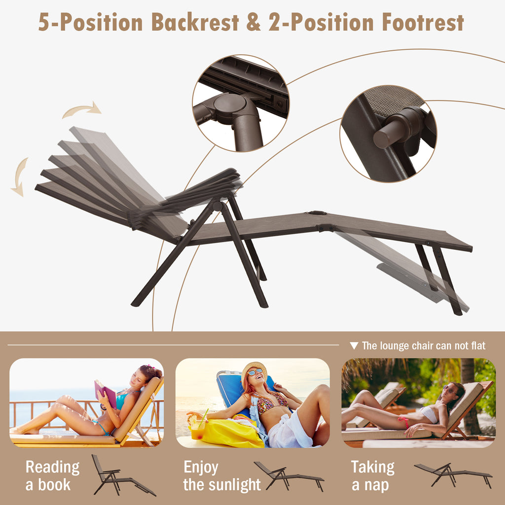Foldable Chaise Lounge Chair with Backrest & Footrest - Brown