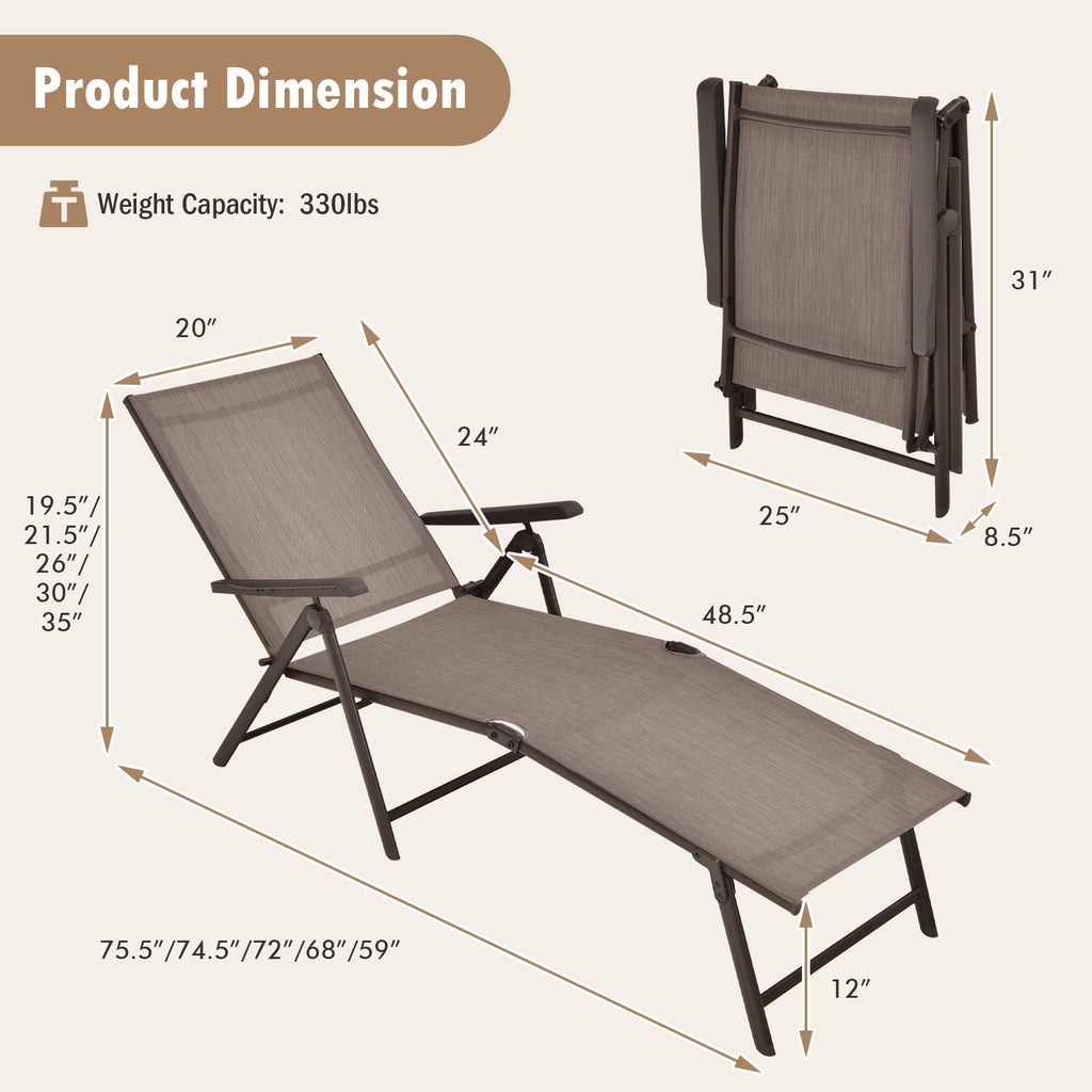Foldable Chaise Lounge Chair with Backrest & Footrest - Brown