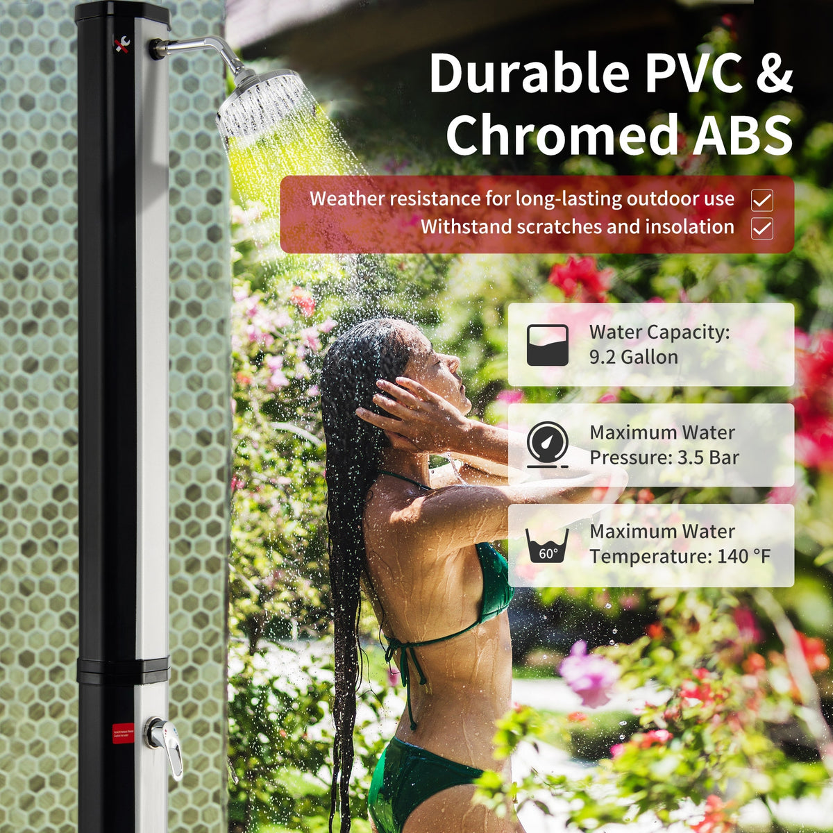 Solar Heated Shower 9.3 Gallon with Adjustable Head & Foot Tap