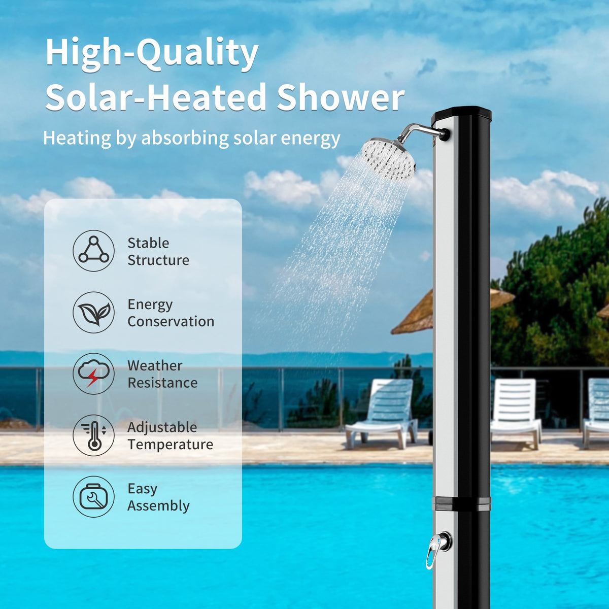 Solar Heated Shower 9.3 Gallon with Adjustable Head & Foot Tap