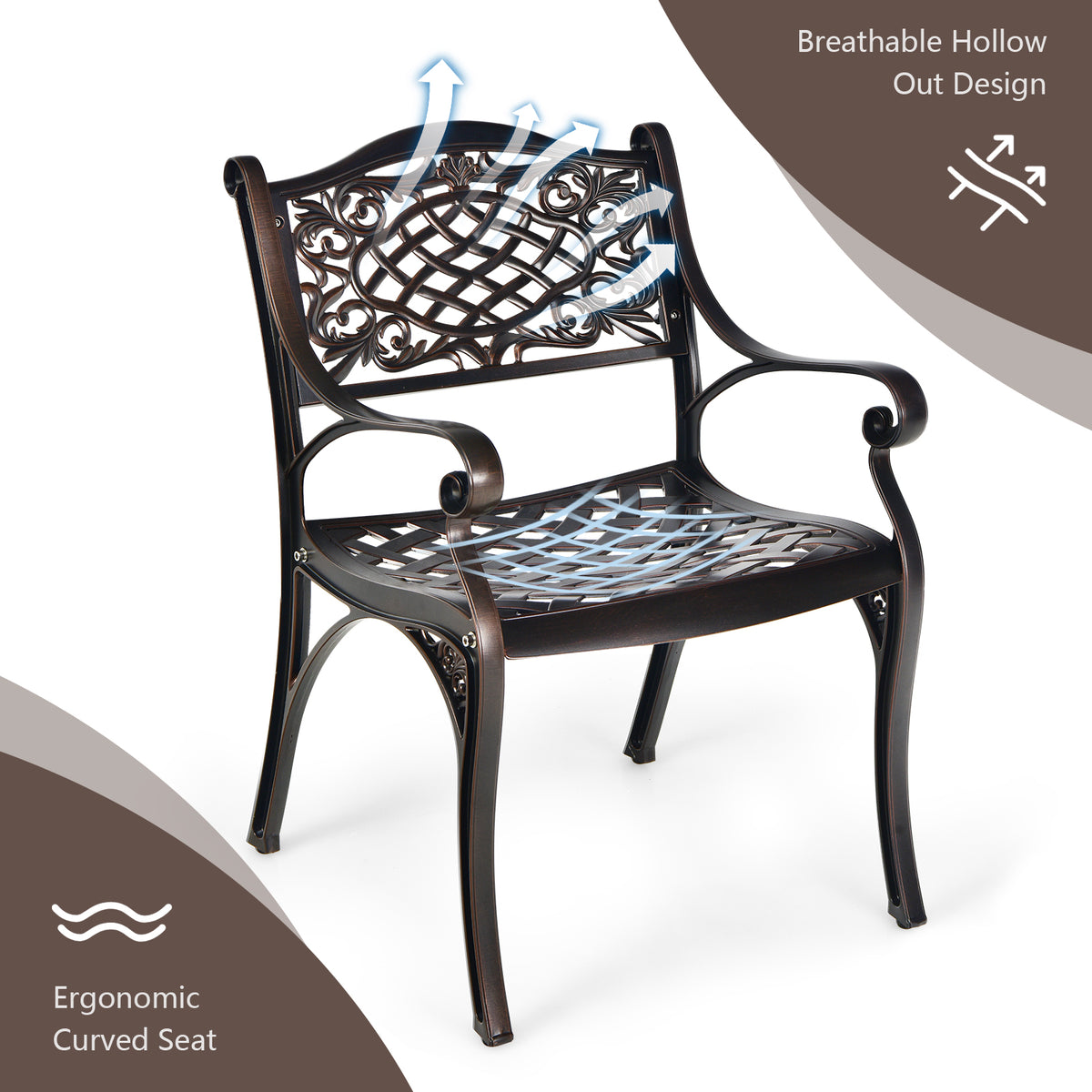 2-Piece Outdoor Cast Aluminum Chairs with Armrests and Curved Seats