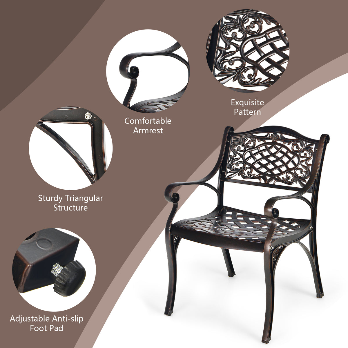 2-Piece Outdoor Cast Aluminum Chairs with Armrests and Curved Seats