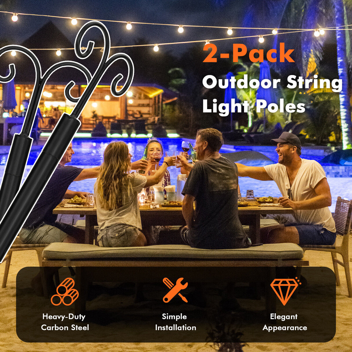 8 Ft Outdoor String Light Poles 2 Pack with Arc Hook & 5-Prong Base - Weatherproof, Tool-Free Assembly