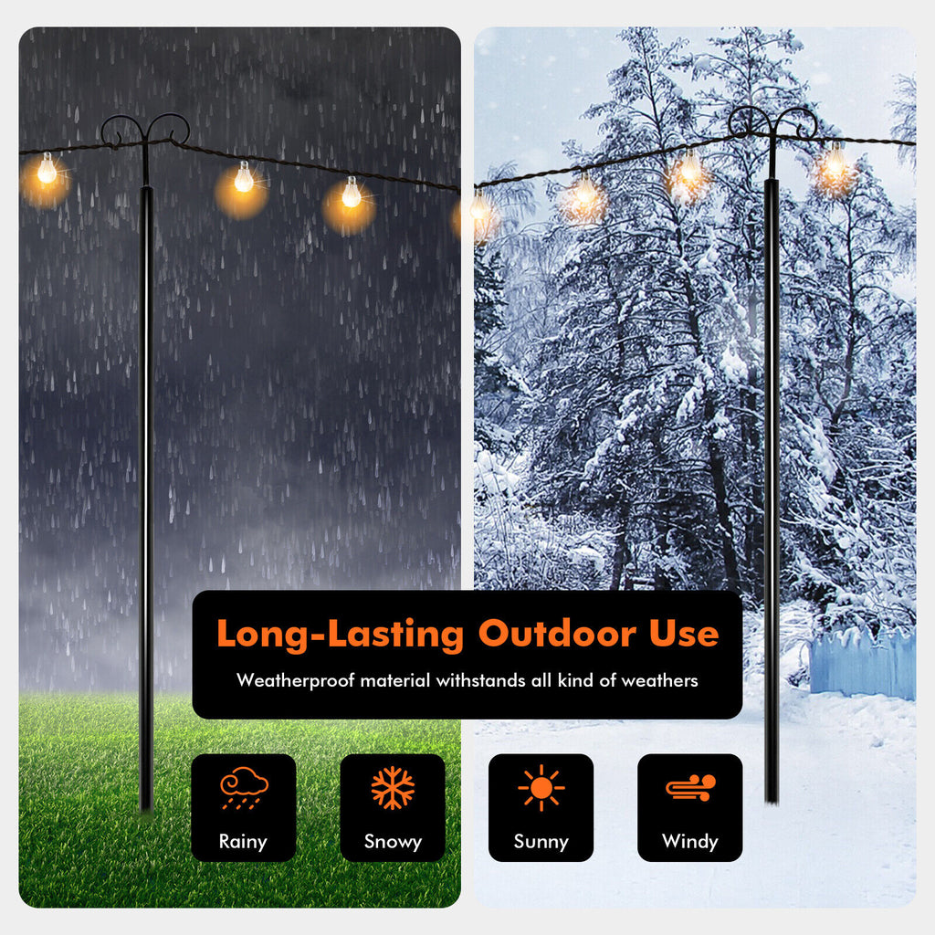 8 Ft Outdoor String Light Poles 2 Pack with Arc Hook & 5-Prong Base - Weatherproof, Tool-Free Assembly