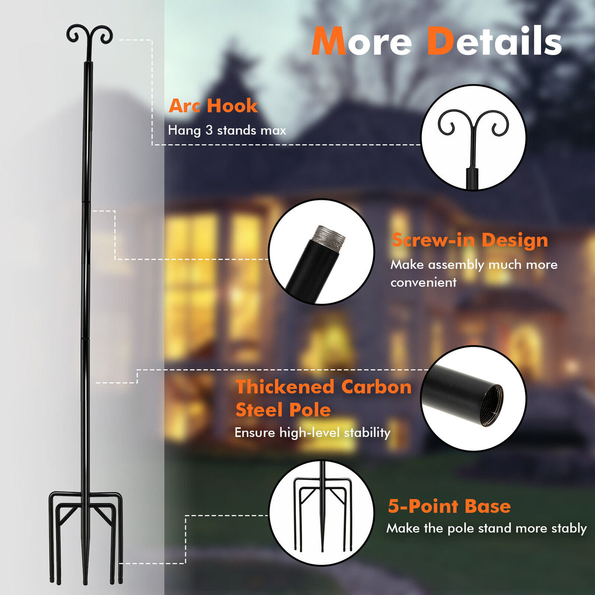 8 Ft Outdoor String Light Poles 2 Pack with Arc Hook & 5-Prong Base - Weatherproof, Tool-Free Assembly