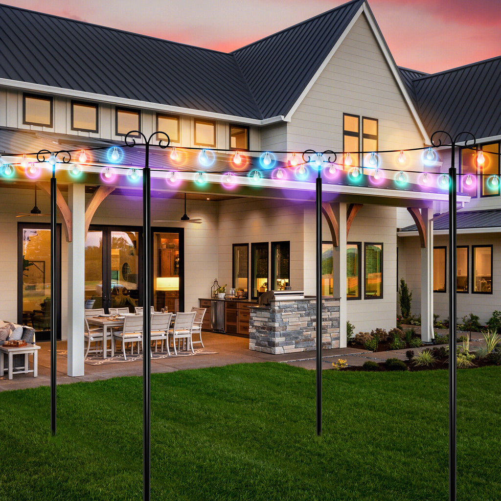 8 Ft Outdoor String Light Poles 2 Pack with Arc Hook & 5-Prong Base - Weatherproof, Tool-Free Assembly