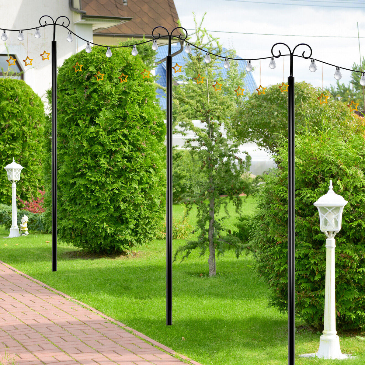 8 Ft Outdoor String Light Poles 2 Pack with Arc Hook & 5-Prong Base - Weatherproof, Tool-Free Assembly