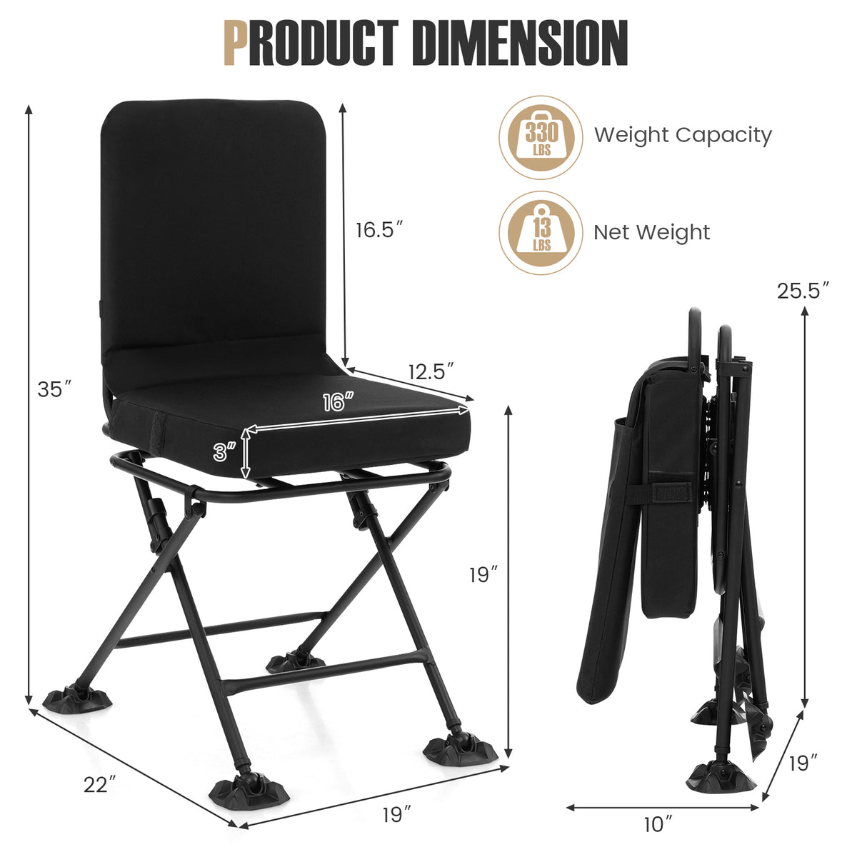 Swivel Folding Chair with Padded Cushion - Black