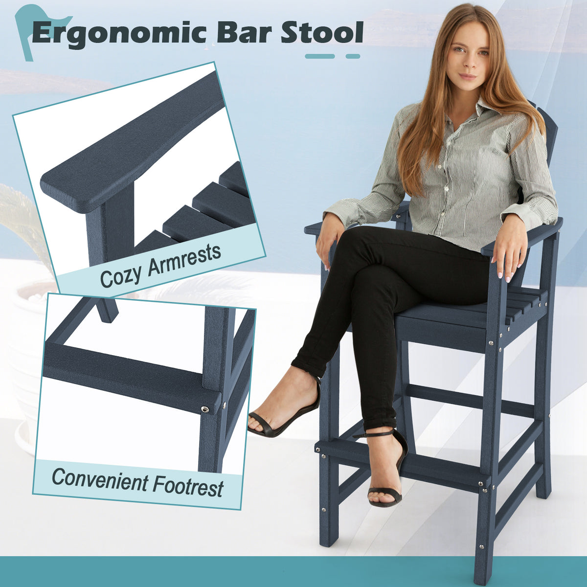 30 Inches Counter Height Outdoor HDPE Bar Stool with Armrests and