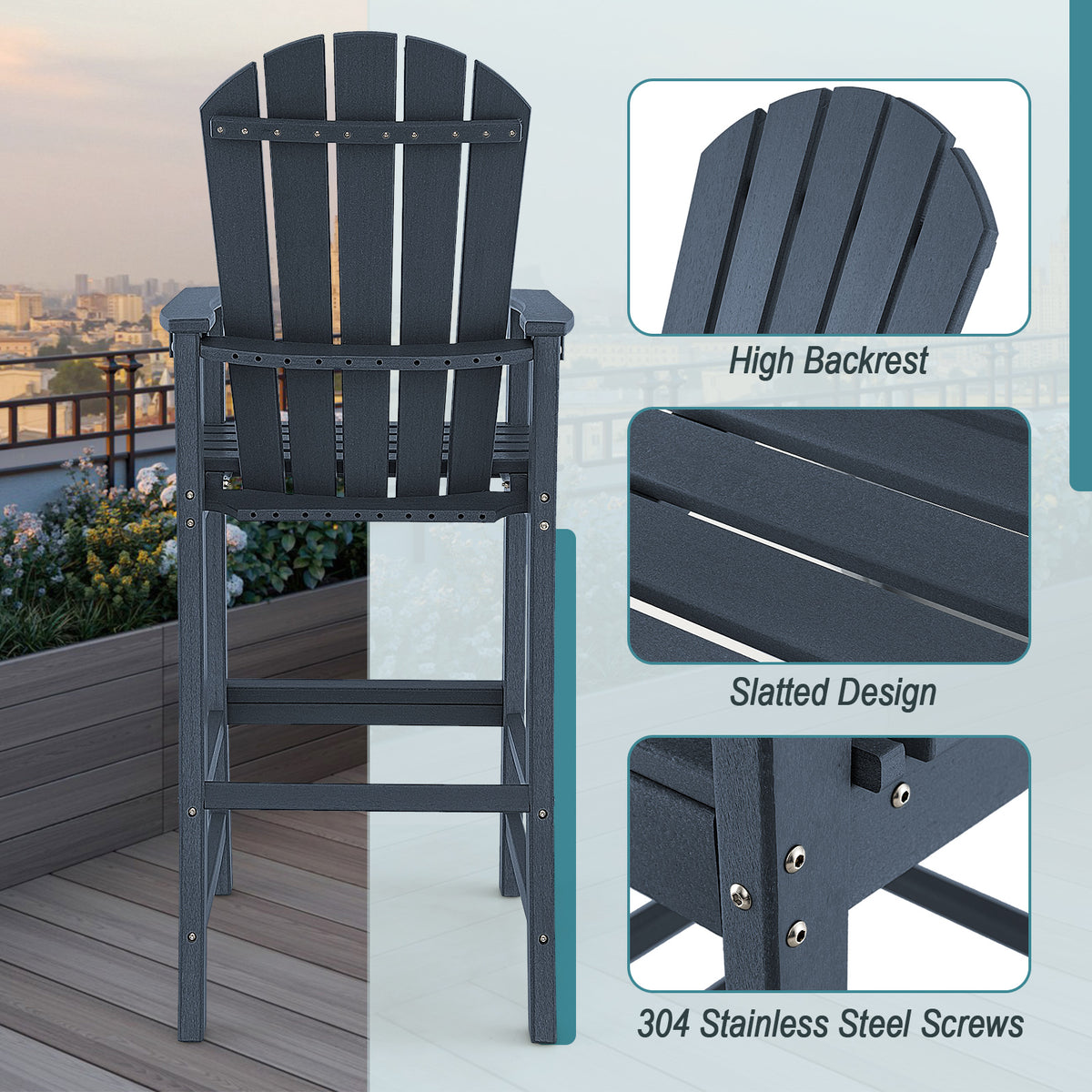 30 Inches Counter Height Outdoor HDPE Bar Stool with Armrests and