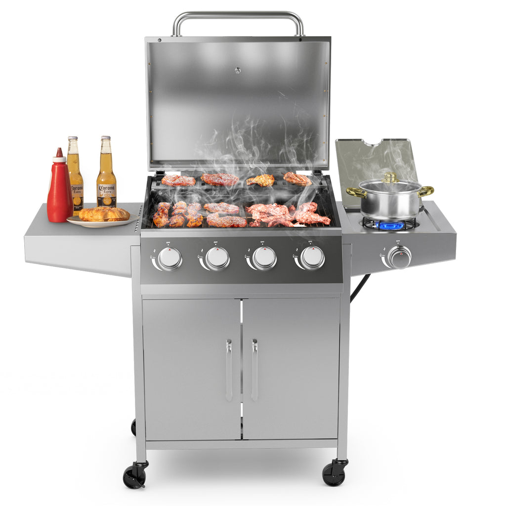 5-Burner Propane Gas Grill with Side Burner & Prep Tables - Silver