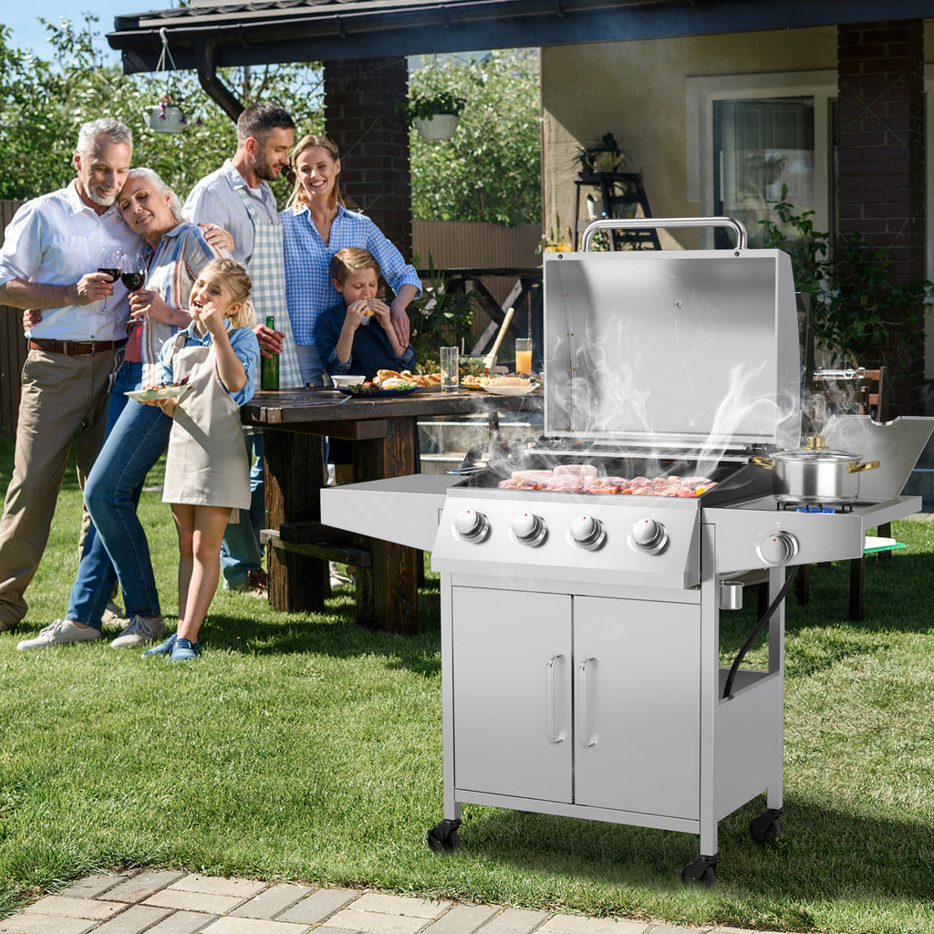 5-Burner Propane Gas Grill with Side Burner & Prep Tables - Silver